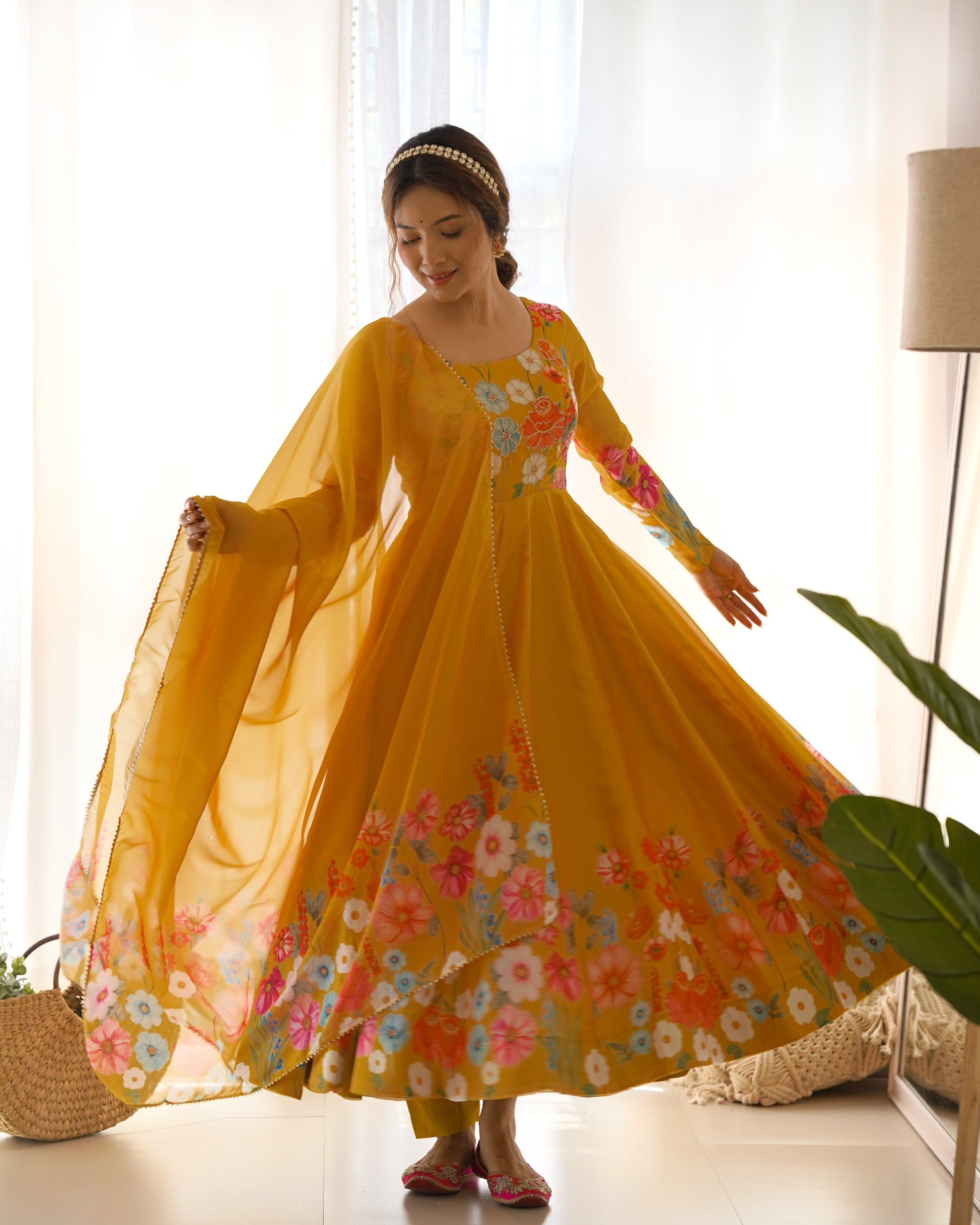 Lorenvalley Parrot Soft Organza Silk With Floral Print Fully Flared Anarkali Pant With Dupatta Set - Mustard | Swadesiicart