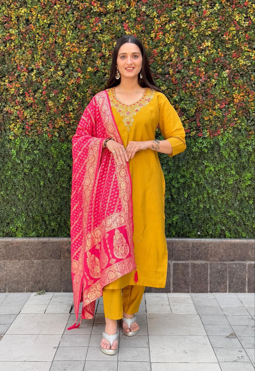 Lorenvalley Fashion Mustard Roman Silk Hand Work Kurta Pant with Dupatta - Swadesiicart