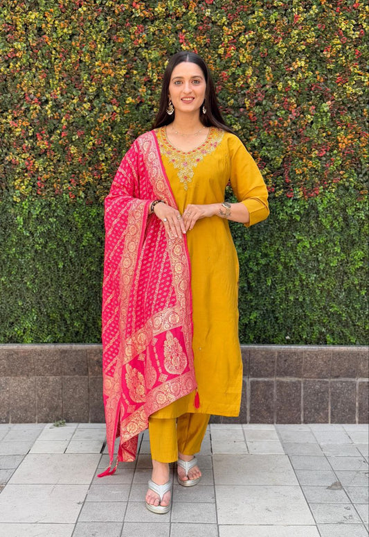Lorenvalley Fashion Mustard Roman Silk Hand Work Kurta Pant with Dupatta - Swadesiicart