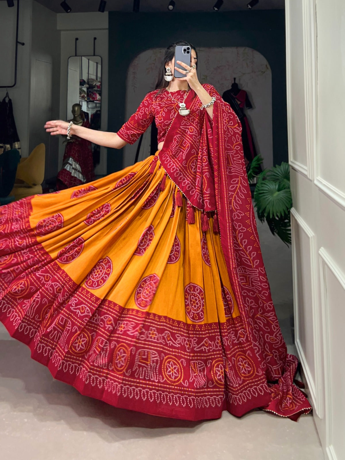 Lorenvalley Mustrad Tussar Silk with Bandhej Print Lehenga Choli | Swadesiicart