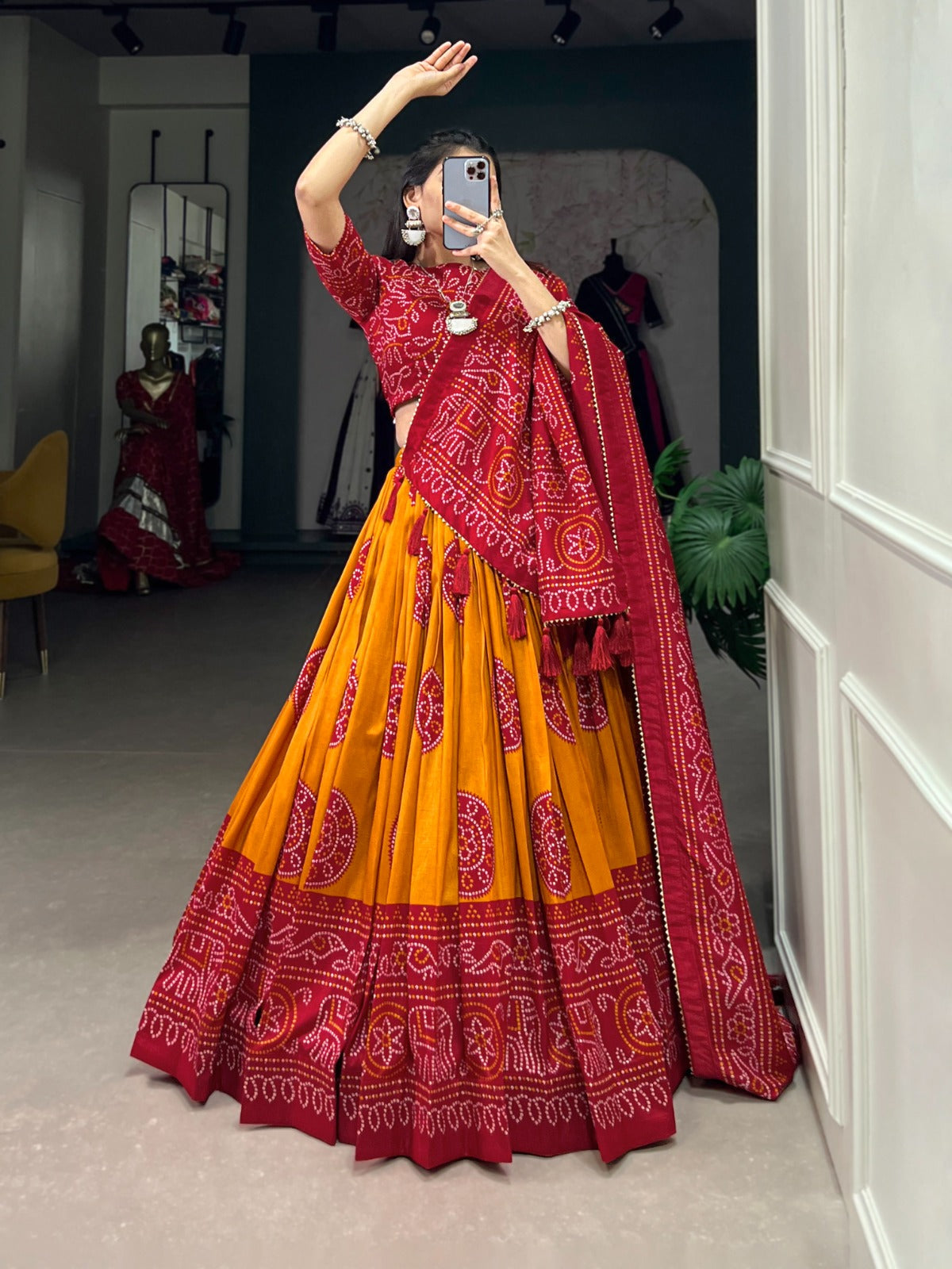 Lorenvalley Mustrad Tussar Silk with Bandhej Print Lehenga Choli | Swadesiicart