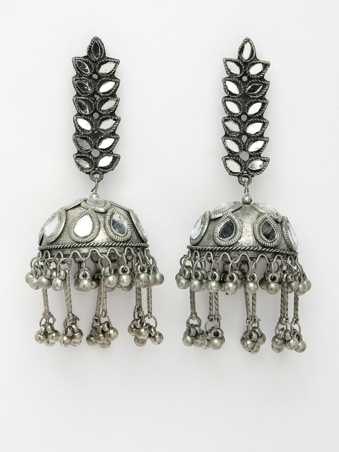 NVR Women's Silver Plated Mirror Work Oxidised Contemporary Jhumka Earrings | Swadesiicart