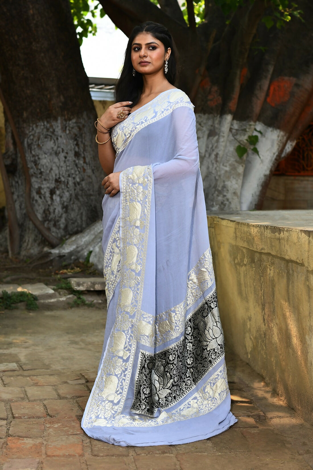 Joban Fashion Silver Crepe Chiffon Pure Handloom Banarasi Silk Saree | Swadesiicart