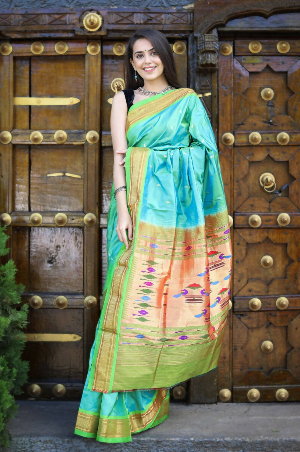 Very Much Indian Pure Silk Handloom Paithani -Dual Tone Blue Green | Swadesiicart