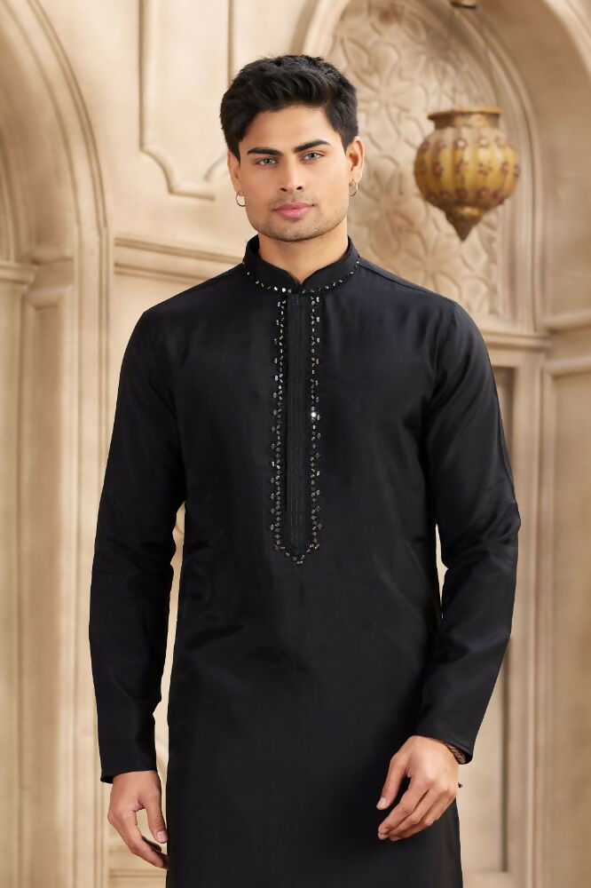 Raivat Ethnic Banarasi Art Silk Mirror Work Kurta Pajama In Black Colour | Swadesiicart
