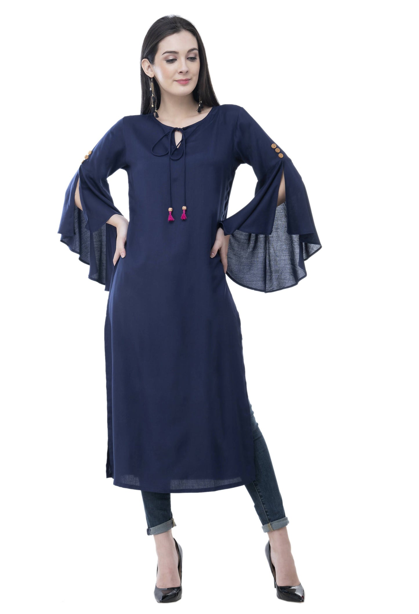 Women's Navy Round Neck Kurti With Front Neck Opening And Dori, Flared Sleeves - G & A Apparels | Swadesiicart