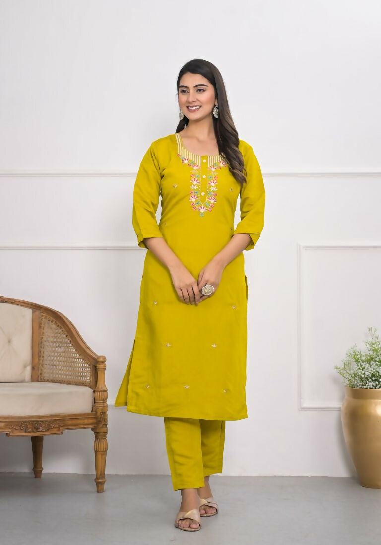 Yellow Viscose Silk Embroidery with Thread and sequence Stitched Suit With Dupatta - Tanisha | Swadesiicart