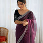 Attrctive Looking Gold Jari, Sequance Embroidery Work Twill Net Party Wear Saree - Wine