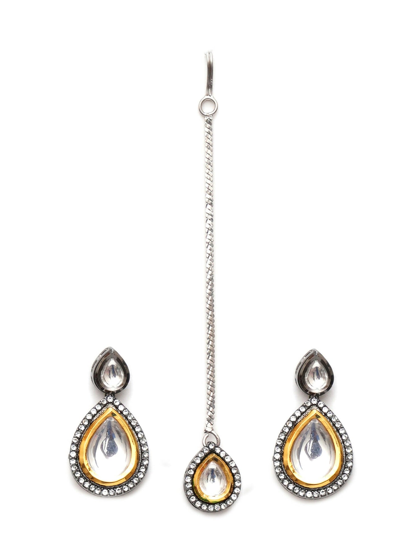 Tear Drop Dual Tone Kundan Maang Tikka with Earrings Jewellery Set (silver) - Ruby Raang - Swadesiicart