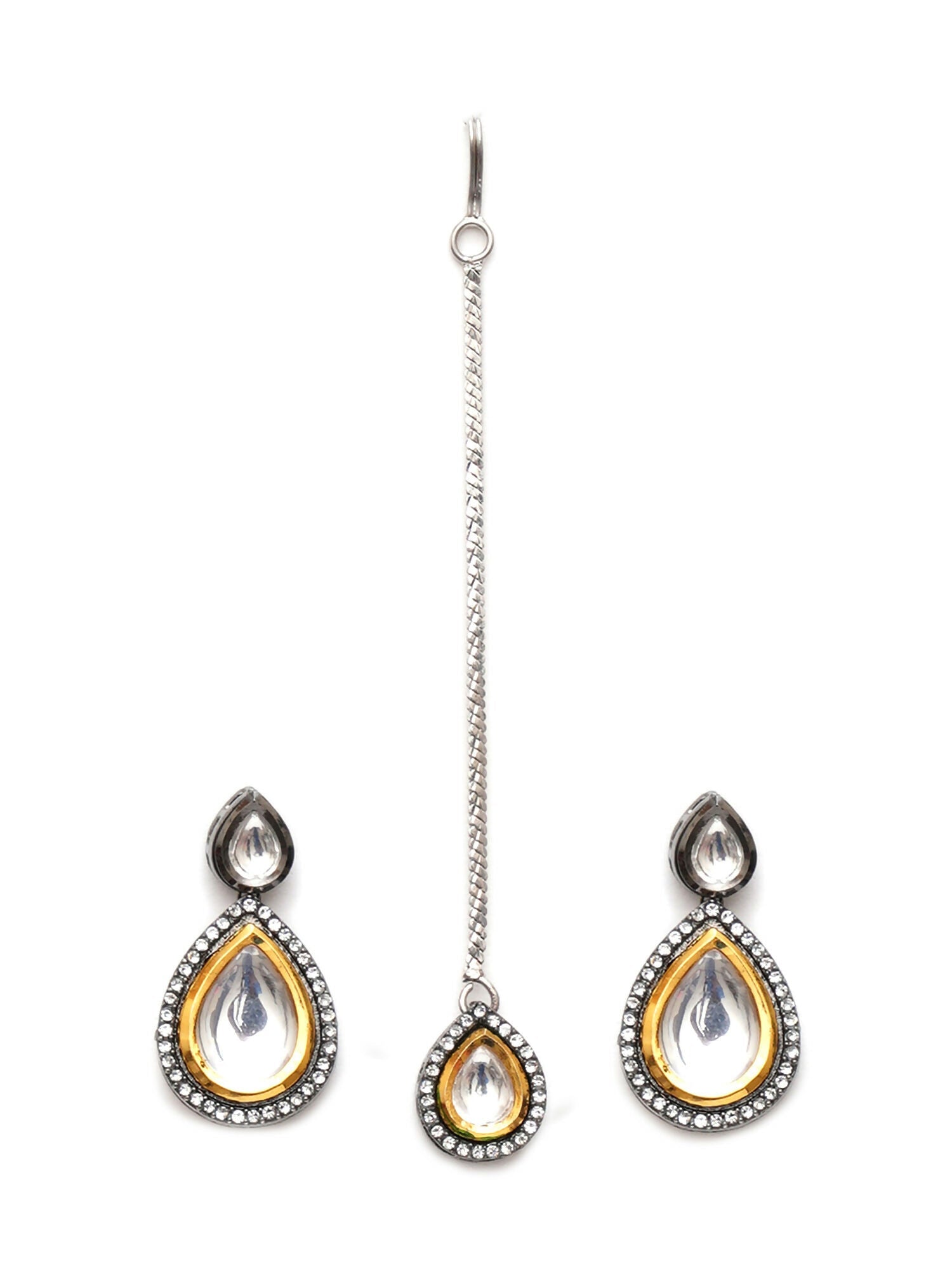 Tear Drop Dual Tone Kundan Maang Tikka with Earrings Jewellery Set (silver) - Ruby Raang - Swadesiicart