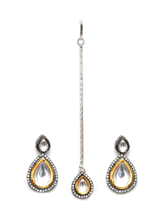 Tear Drop Dual Tone Kundan Maang Tikka with Earrings Jewellery Set (silver) - Ruby Raang - Swadesiicart