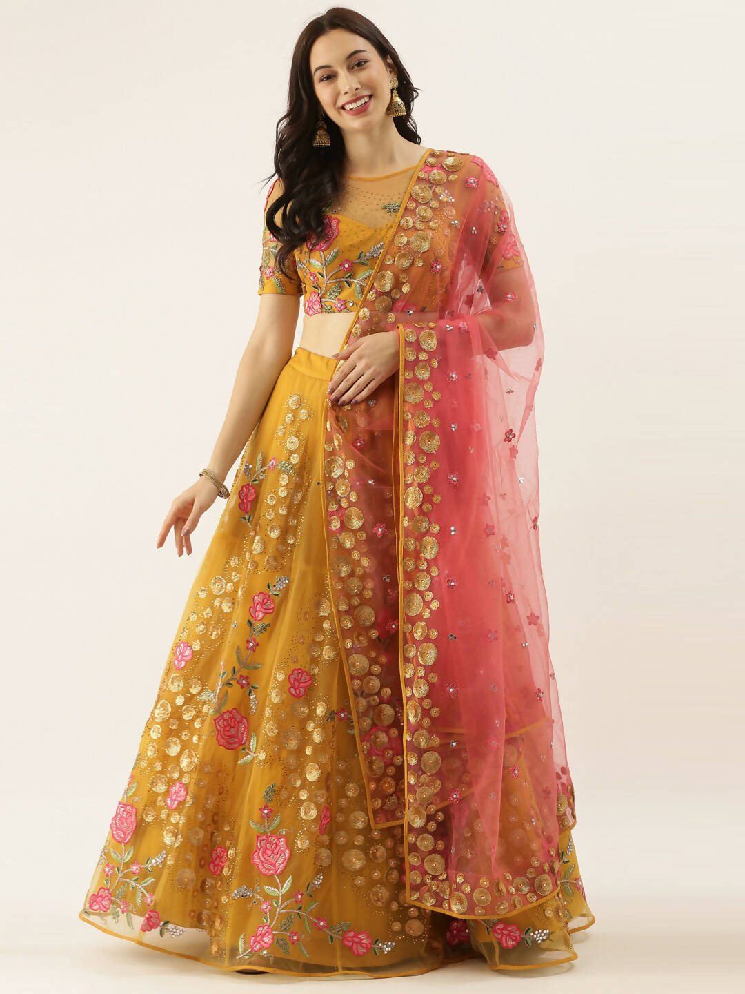 House of Panchhi Mustard Net Semi stitched Coding, Sequins & Saroski Stone Work Lehenga Choli | Swadesiicart
