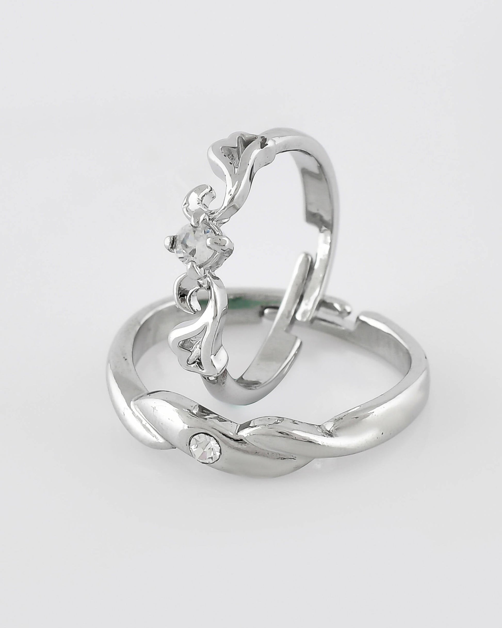 VOJ Stainless Steel Cubic Zirconia Silver Plated Adjustable Ring Set for Couple | Swadesiicart