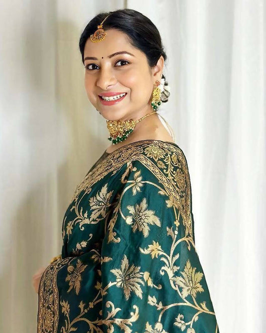 DEIANA'S Beautiful Designer Golden zari Soft Lichi Silk Saree - Teal - Swadesiicart