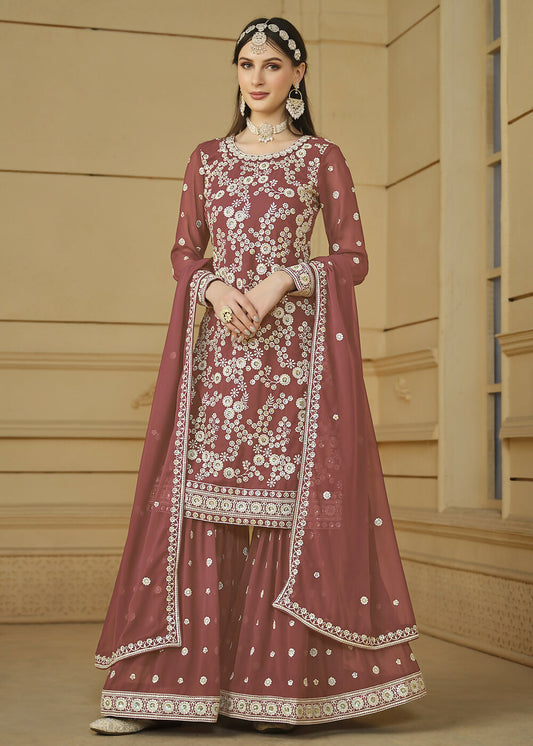 Rust Brown Embroidered Georgette Gharara Style Suit - Emponline | Swadesiicart