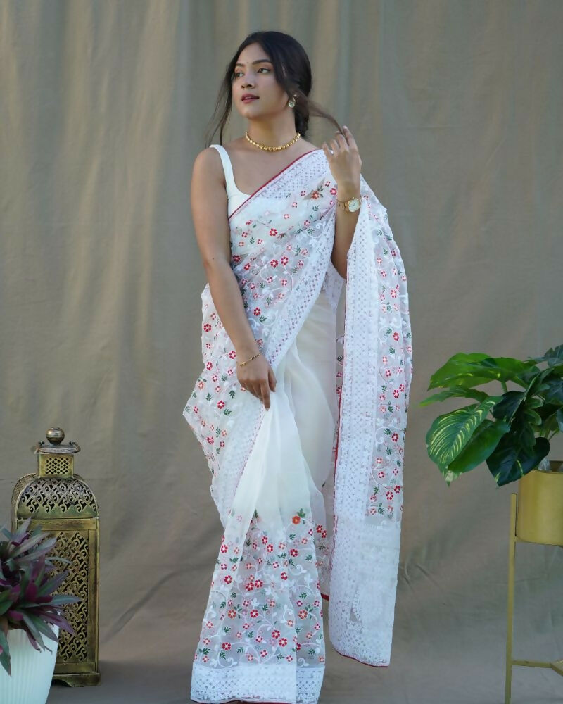 Vamsee Sombi Box White Organza Saree - Swadesiicart