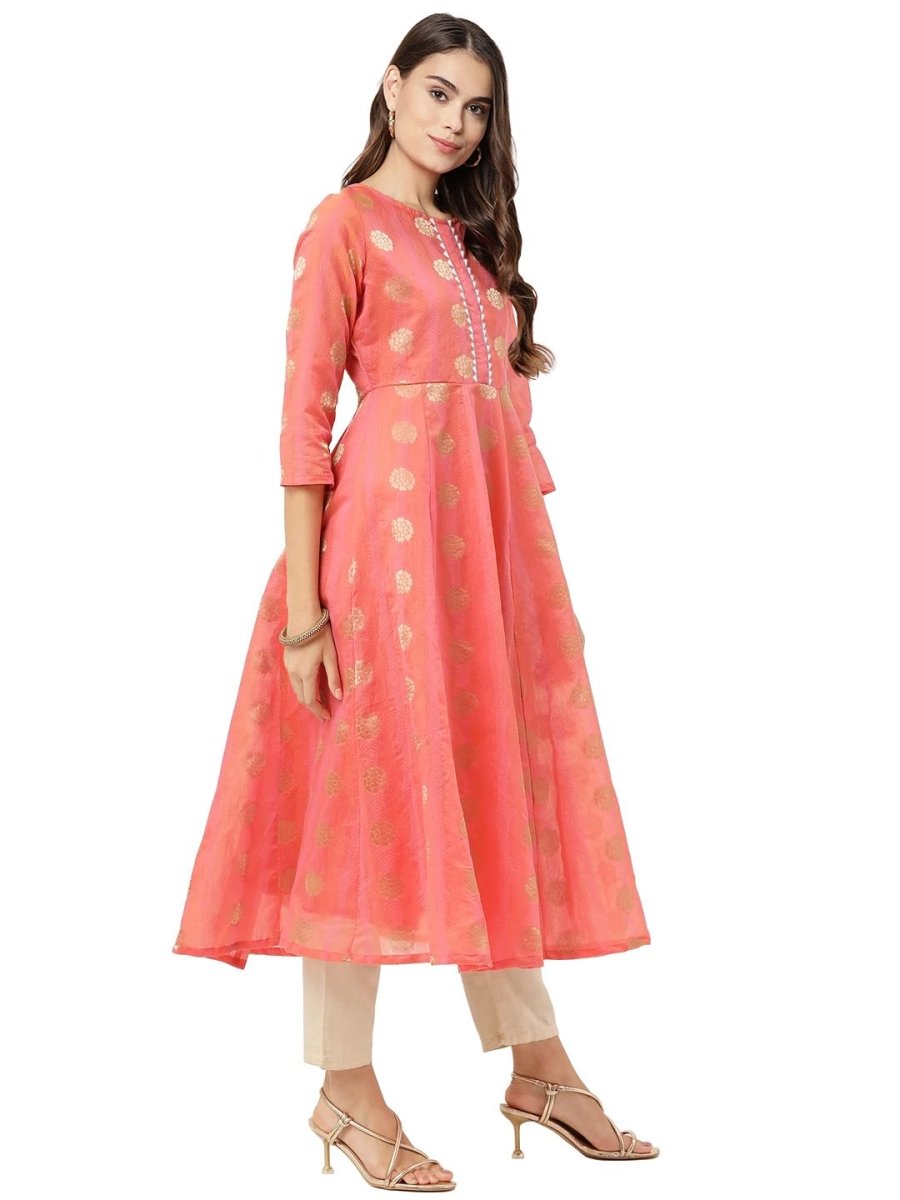Ahalyaa Women Peach Chanderi Jacquard Woven Dress | Swadesiicart