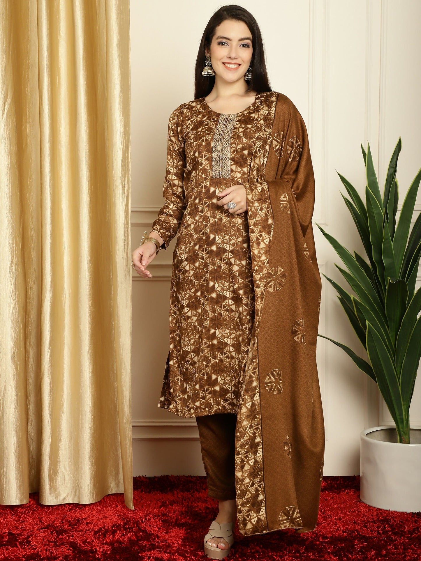 Jyoti Fashion Women's Brown Pashmina Floral Digital Printed Kurta with Trouser & Dupatta | Swadesiicart