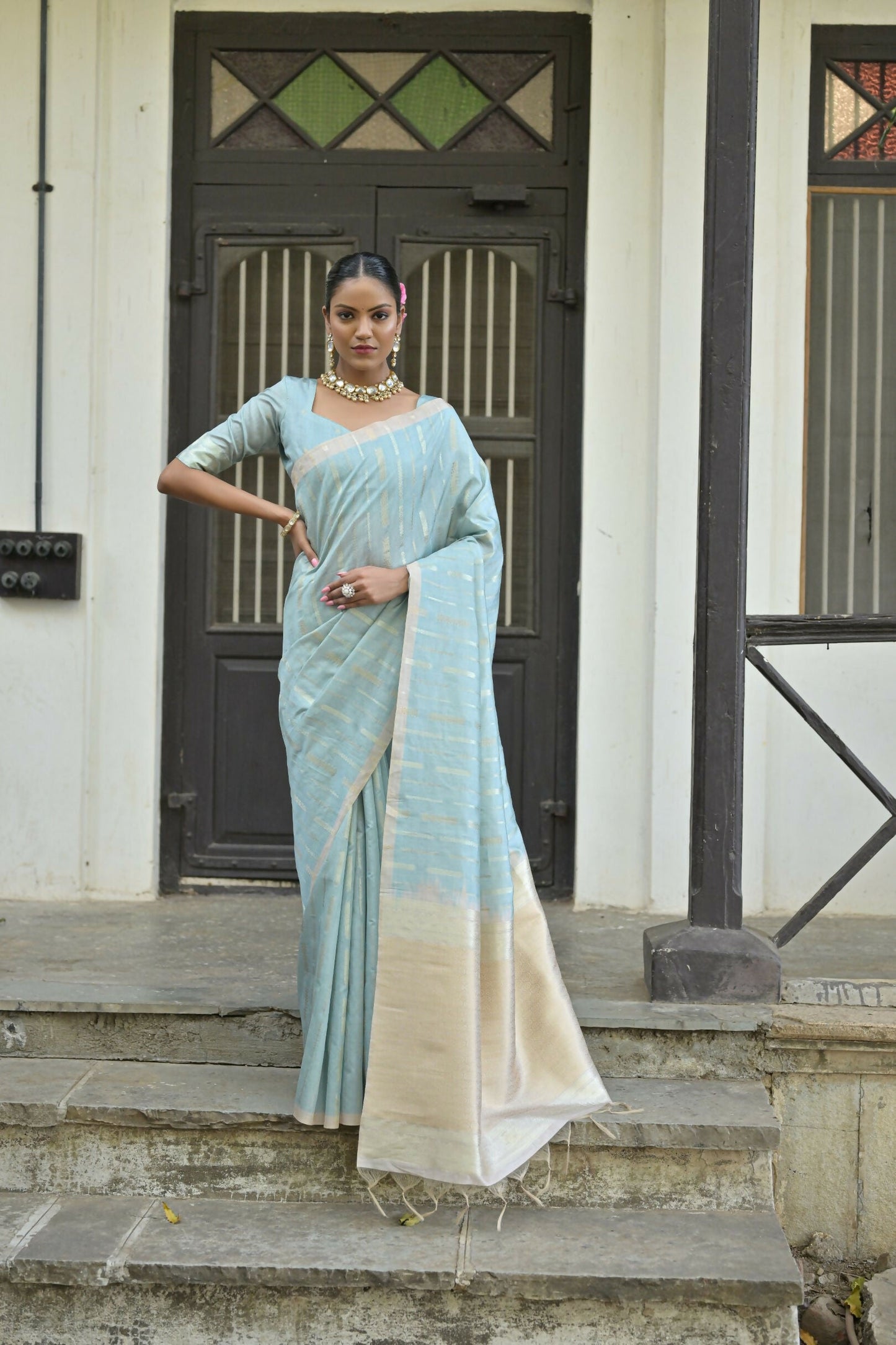 Vishnu Weaves Women's Firozi Premium Tussar Silk Saree with Blouse - Swadesiicart