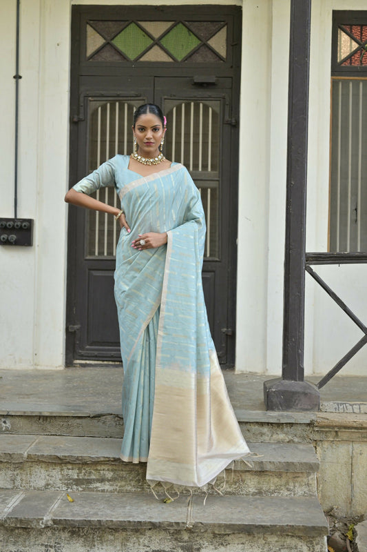 Vishnu Weaves Women's Firozi Premium Tussar Silk Saree with Blouse - Swadesiicart
