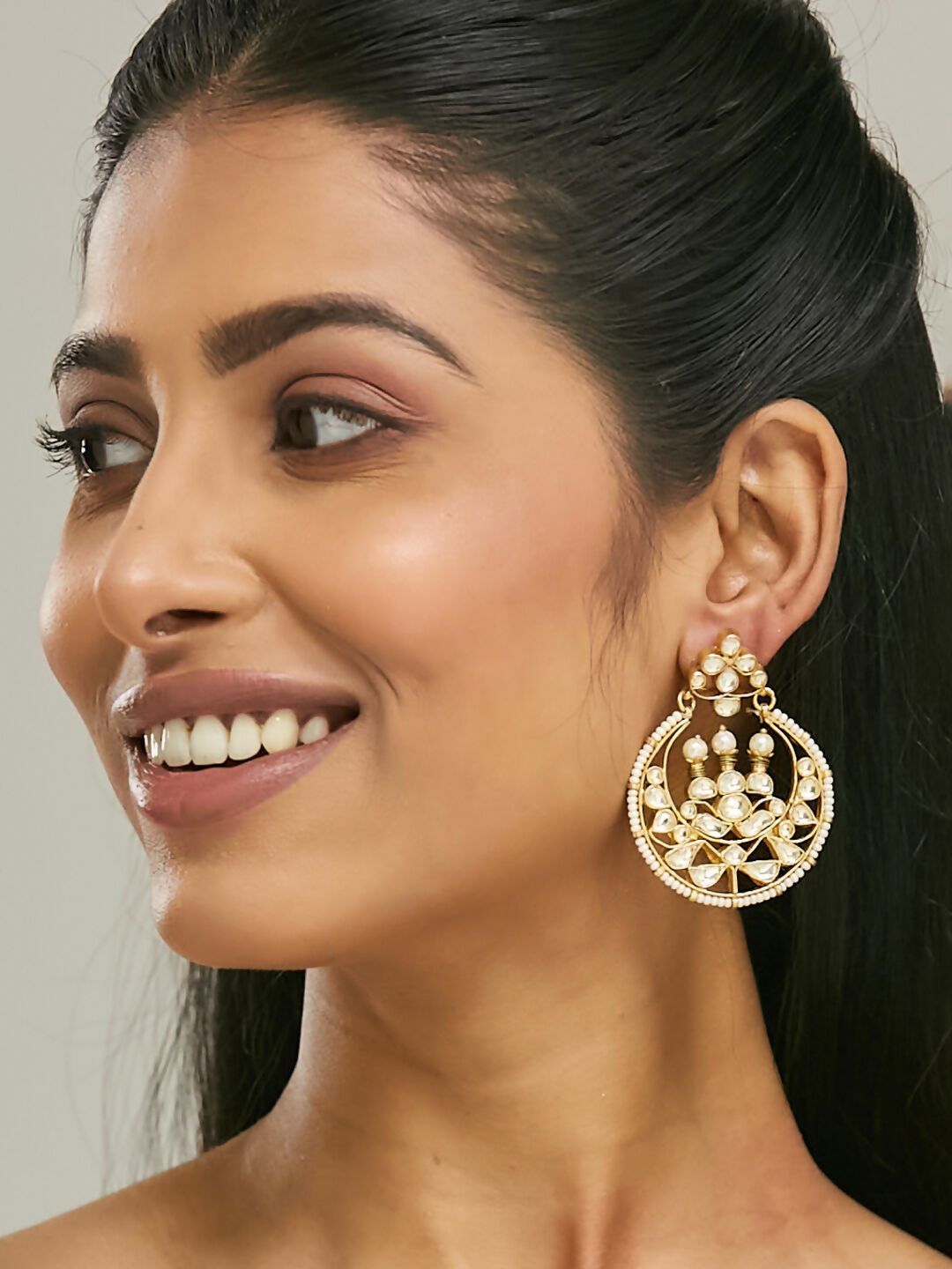 Nuyug 22K Gold-Plated Elegant Kundan Stone Studded & Pearl Beaded Chandbalis | Swadesiicart