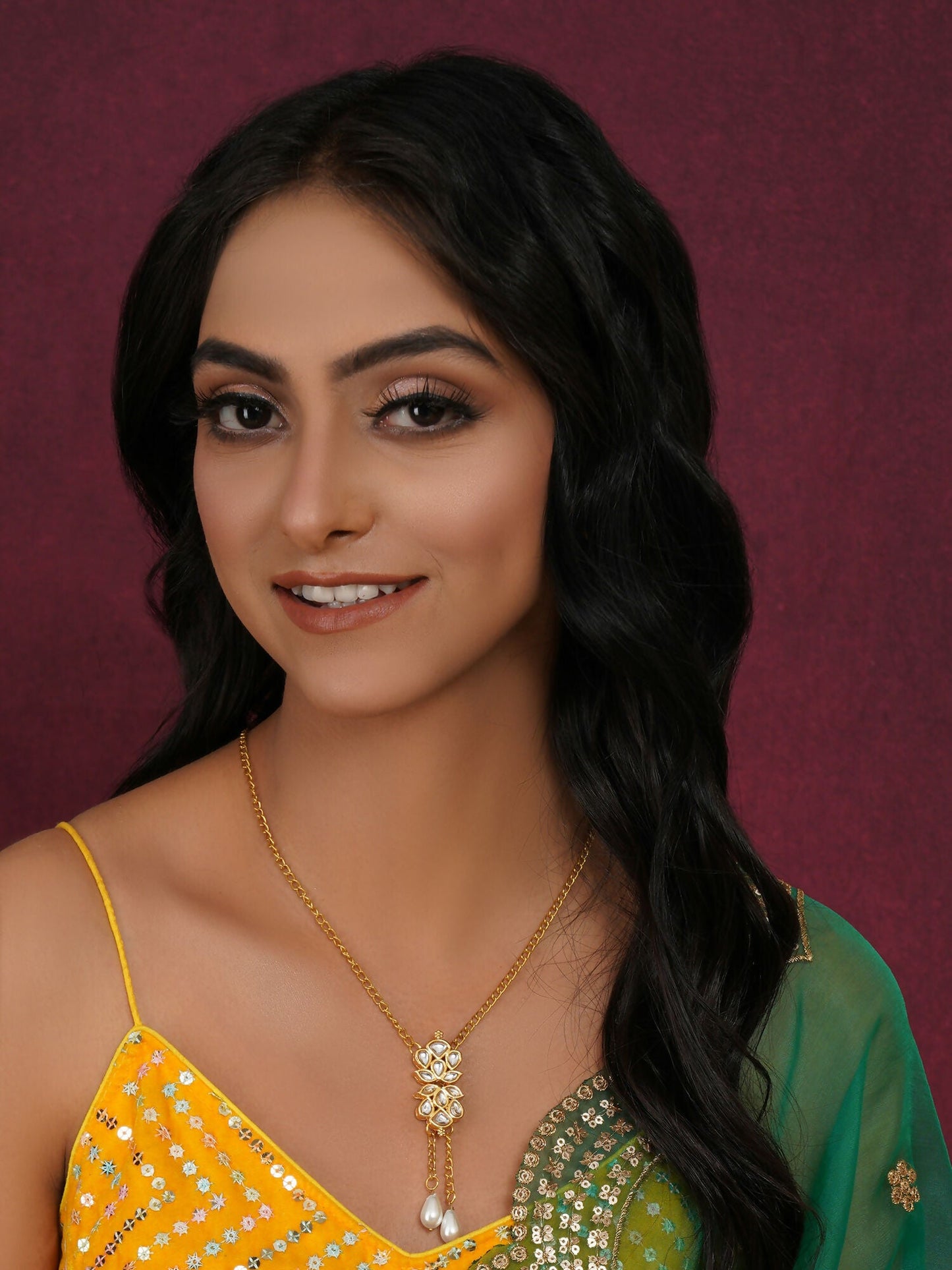 Long Kundan Neckpiece (Gold) - Ruby Raang | Swadesiicart