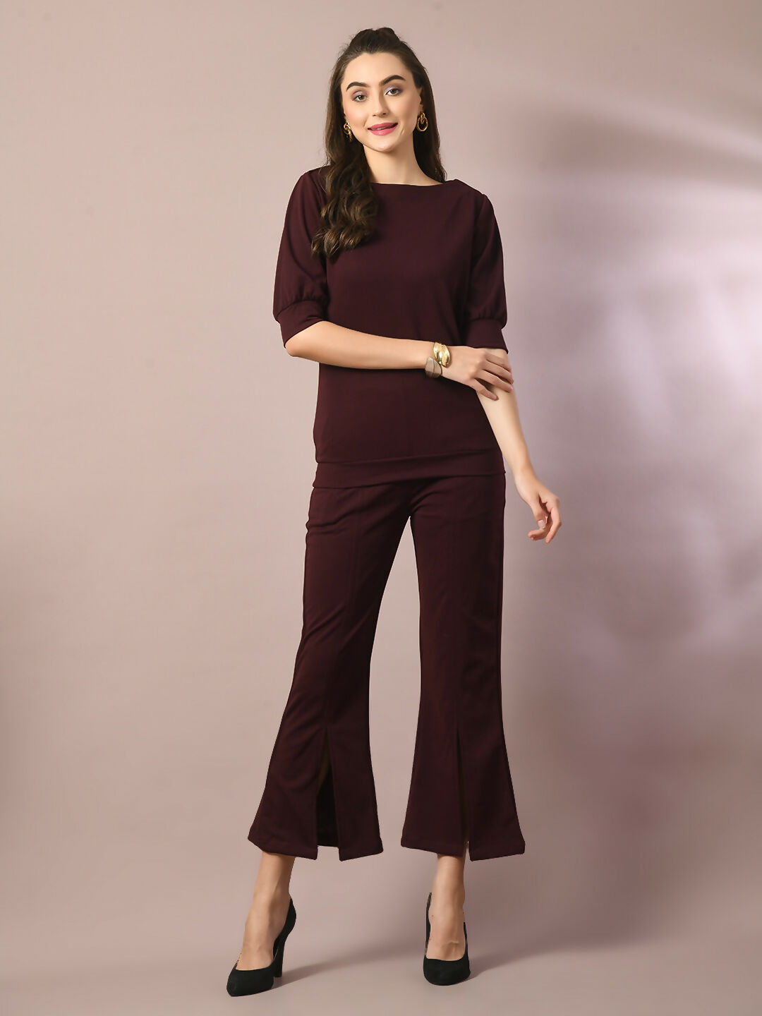 Myshka Women's Coffee Brown Solid Boat Neck Party Top With Trousers Co-ord set - Swadesiicart