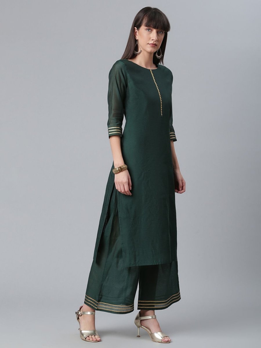 Ahalyaa Dark Green Chanderi Solid Kurta With Palazzo And Dupatta Set | Swadesiicart