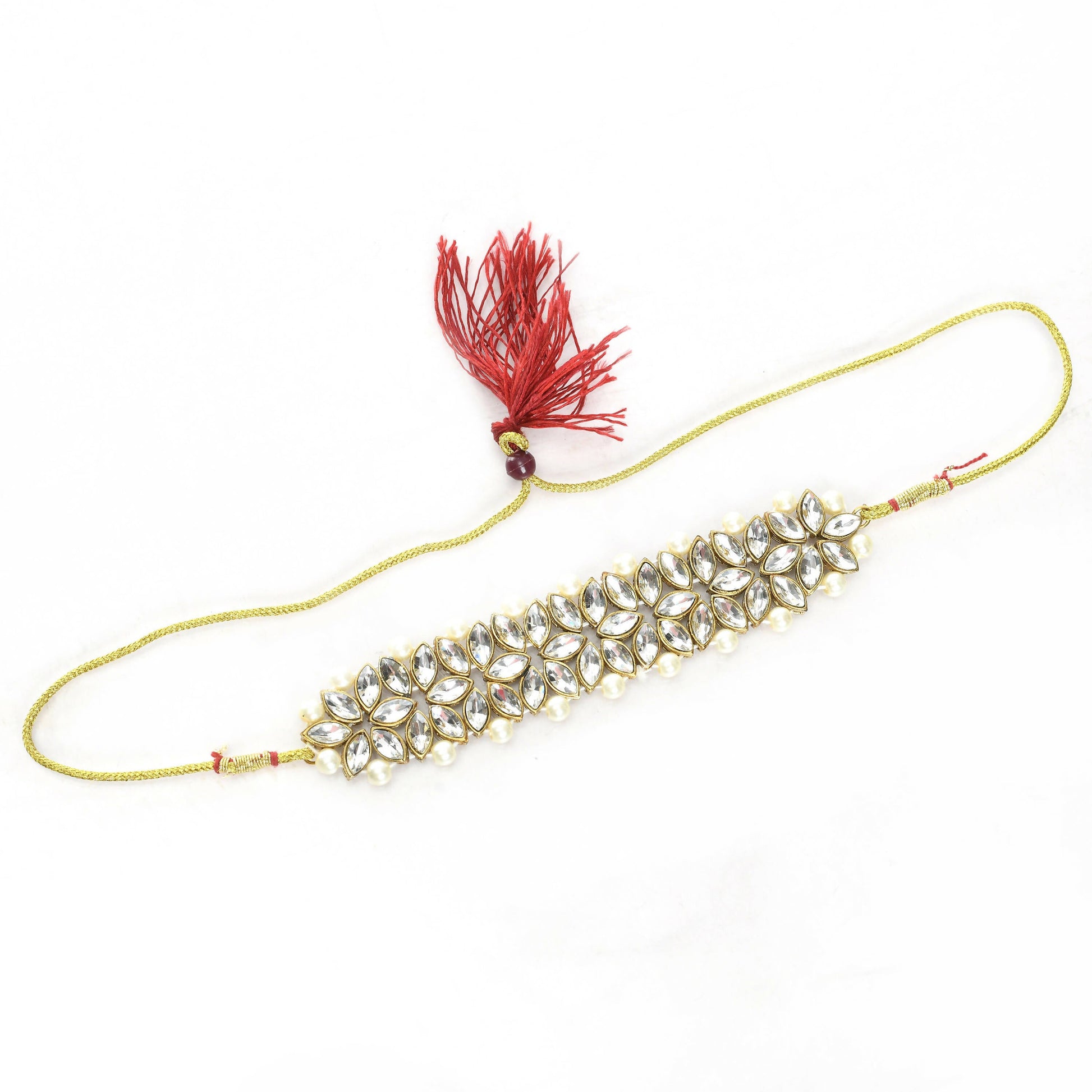 Mominos Fashion Johar Kamal Gold-Polished Brass Finish Kundan/Pearls Choker For Women (White) | Swadesiicart
