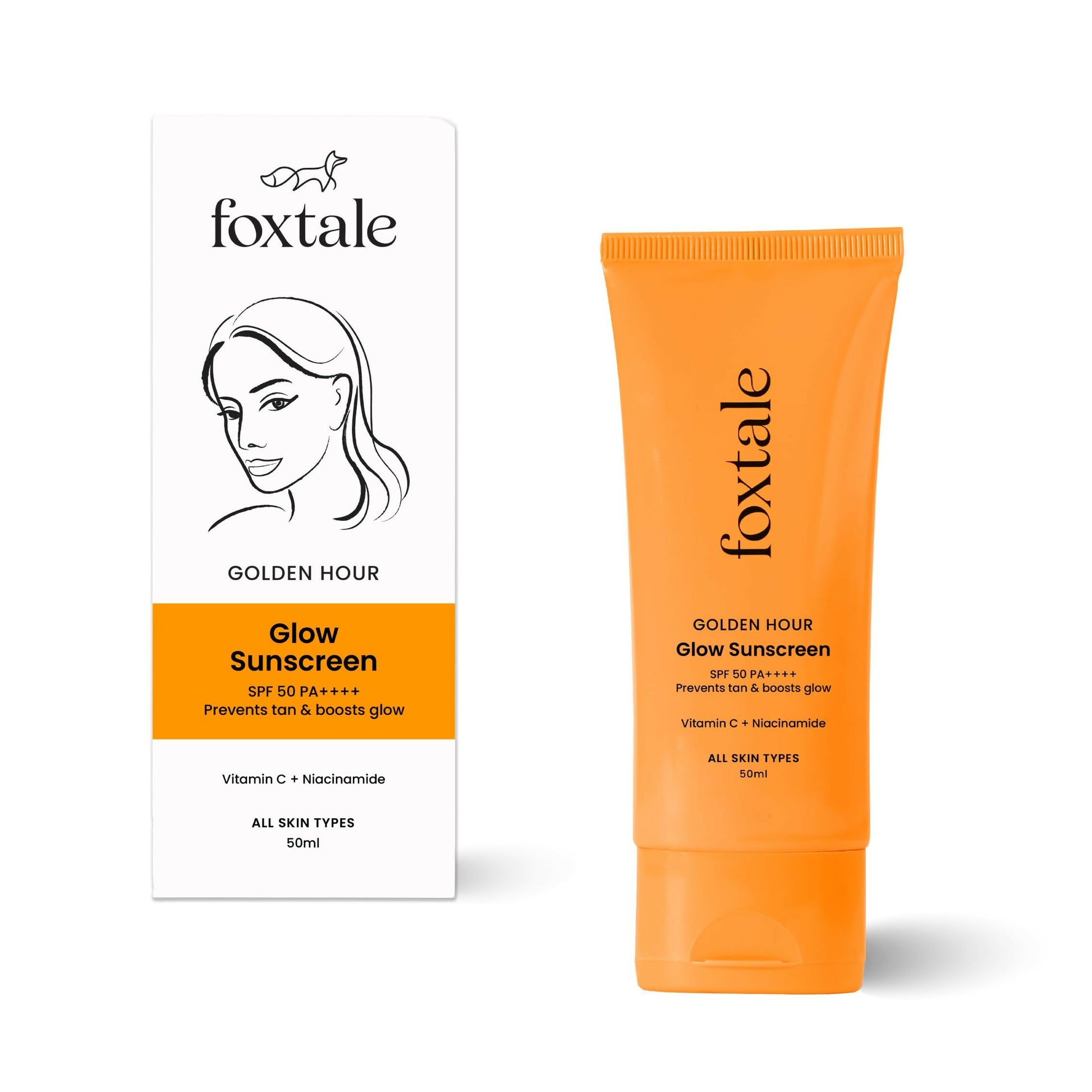 Foxtale Glow Sunscreen SPF 50 PA++++ Lightweight With Vitamin C And Niacinamide For a Dewy Glow, UVA And UVB Filters Prevents Tan - Swadesiicart