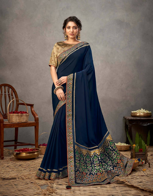 Multi Color Satin Silk Thread And Cord Embroidery Saree - Norita Arinya | Swadesiicart