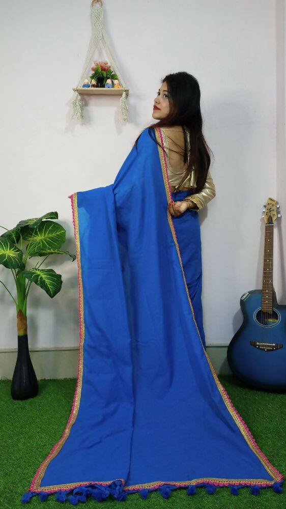 Exclusive Collection Beautiful Khadi Cotton Handloom Saree With Beautiful Zari Border - Blue - Swadesiicart