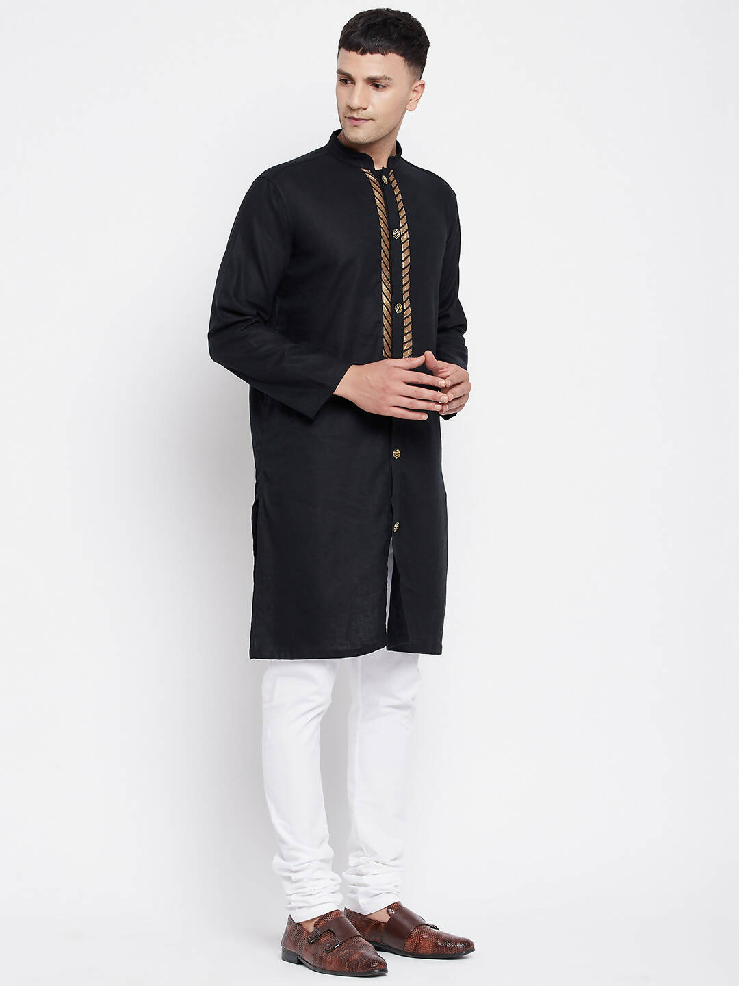 Even Apparels Black Linen Men's Sherwani Kurta With Decorative Placket | Swadesiicart