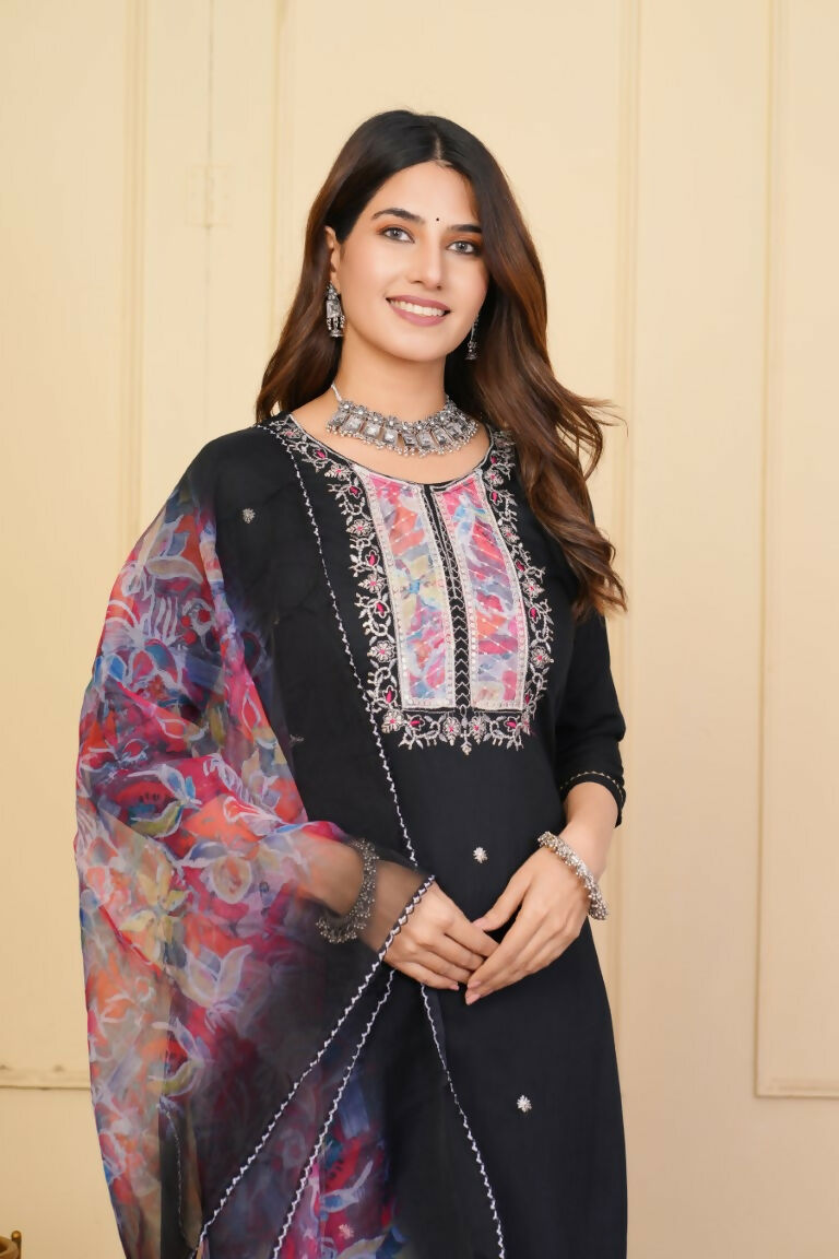 Black Rayon Slub Embroidered Stitched Suit With Dupatta - Tanisha | Swadesiicart