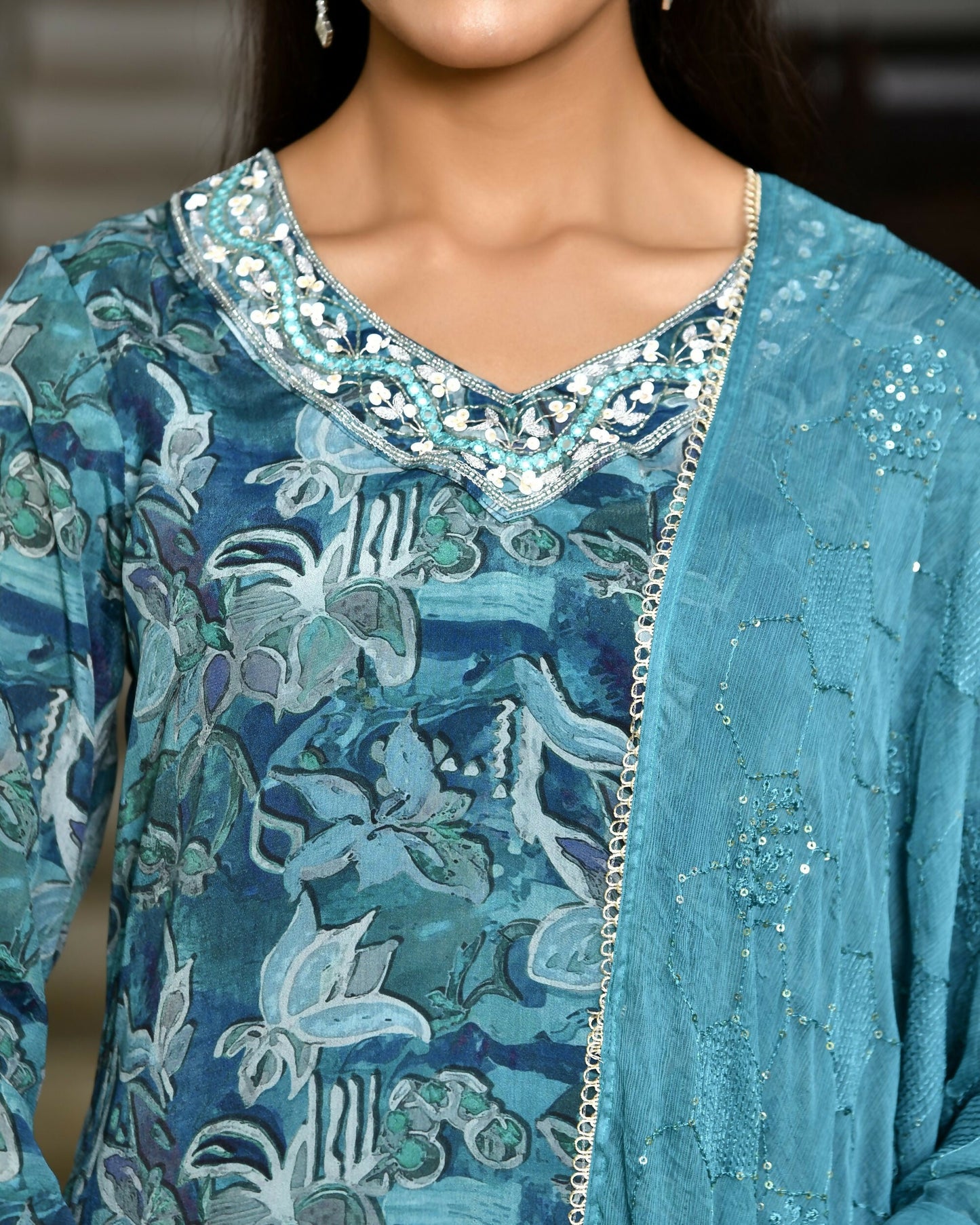 Vaasva Women's Teal Crepe Embroidered Suit Set | Swadesiicart