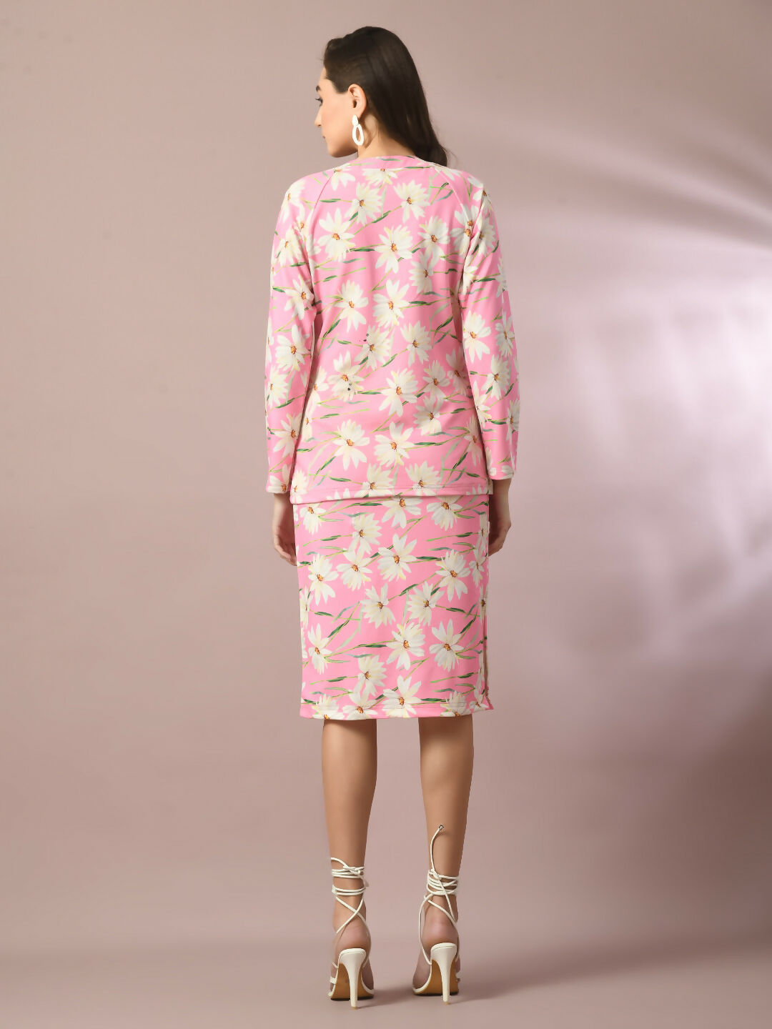 Myshka Women's Pink Printed Round Neck Party Top With Skirt Co-ord set - Swadesiicart