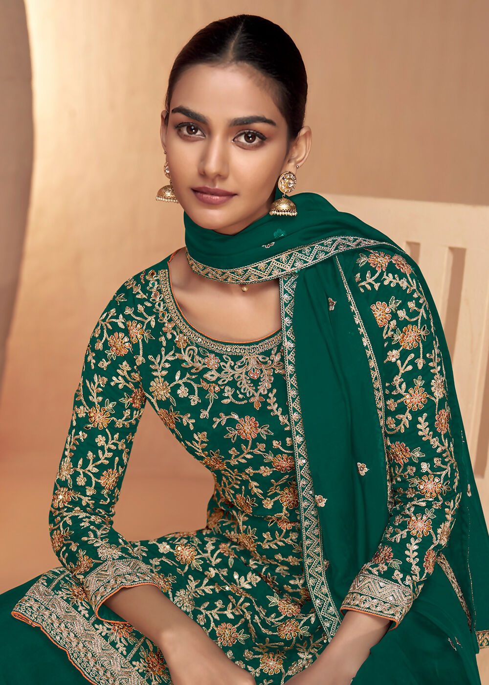 Green Real Chinnon Embroidered Wedding Festive Palazzo Suit - Emponline | Swadesiicart