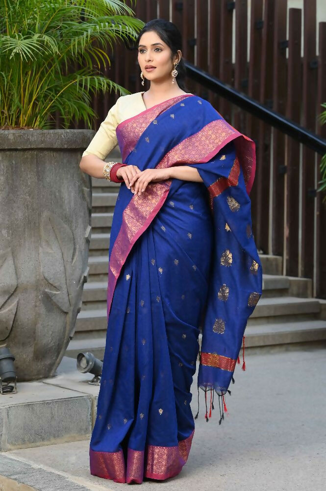 Beatitude Blue Cotton Banarasi Saree | Swadesiicart