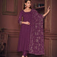 Jyoti Fashion Women's Purple Georgette Embroidered Anarkali Kurta Pant Set With Dupatta | Swadesiicart