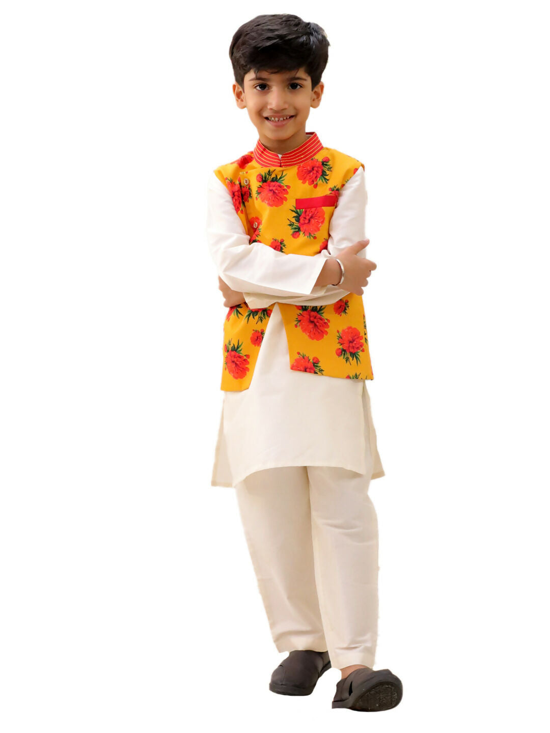 Lil Drama Genda Phool White Kurta and Pant with Mustard Jacket Set for Boys | Swadesiicart