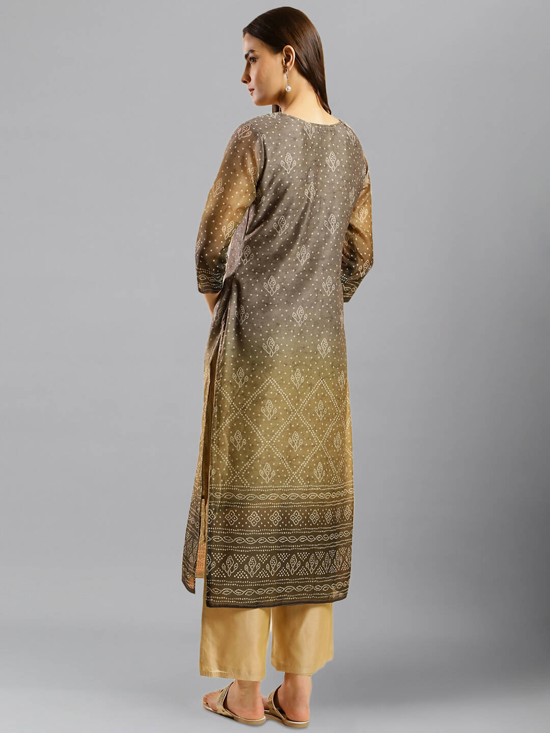 Brown Chinon Digital Printed With Hand Work Kurta - Himanshi - Swadesiicart