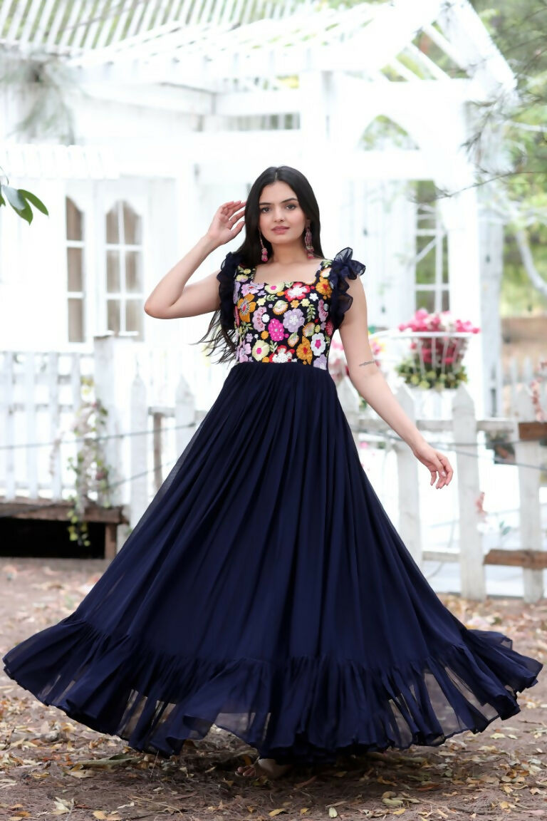 Jyoti Fashion Women's Navy Blue Sequins Thread Embroidery Faux Blooming Anarkali Dress | Swadesiicart