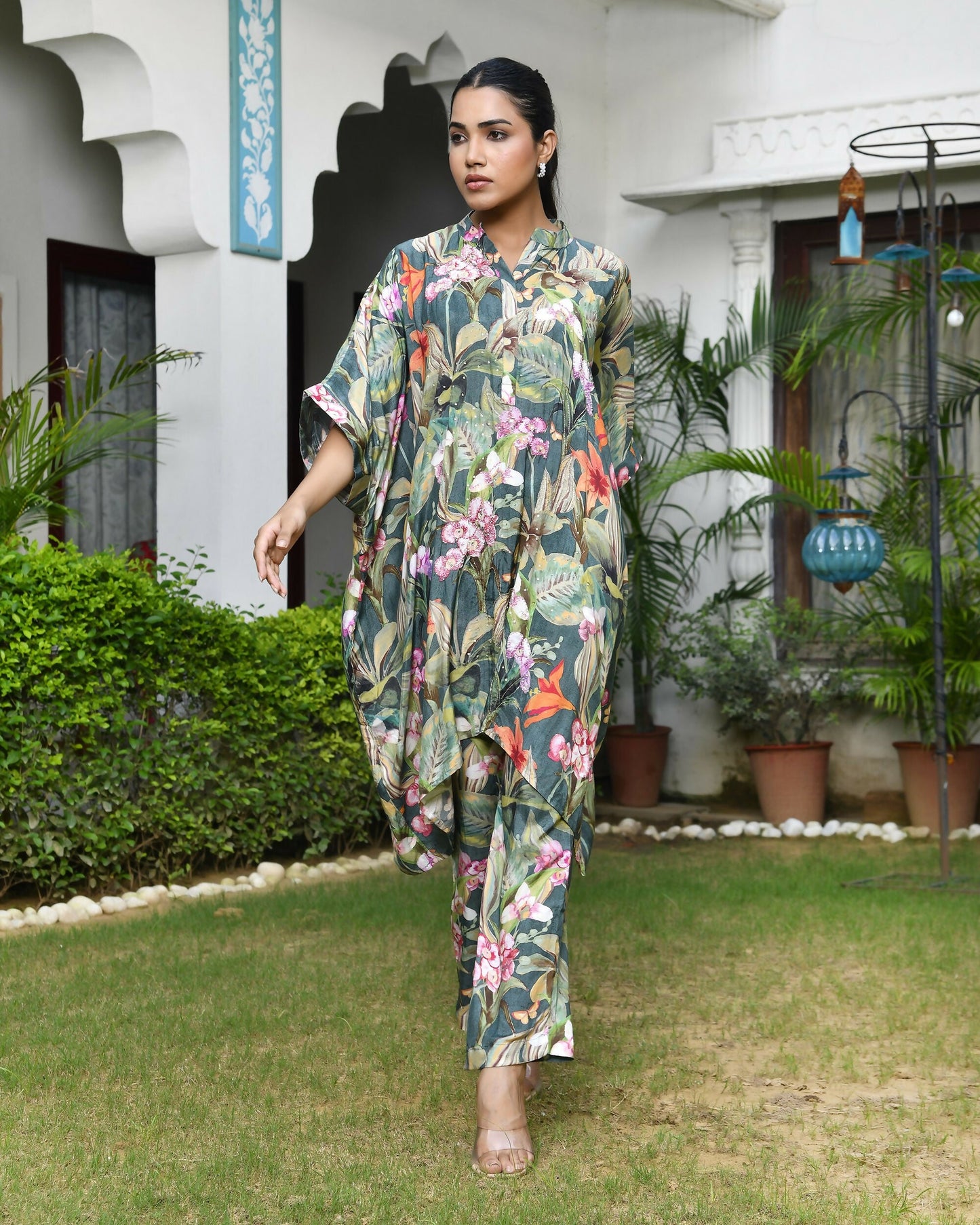 Vaasva Women's Dark Green Musline Viscose Digital Printed Kaftan Pant Set | Swadesiicart