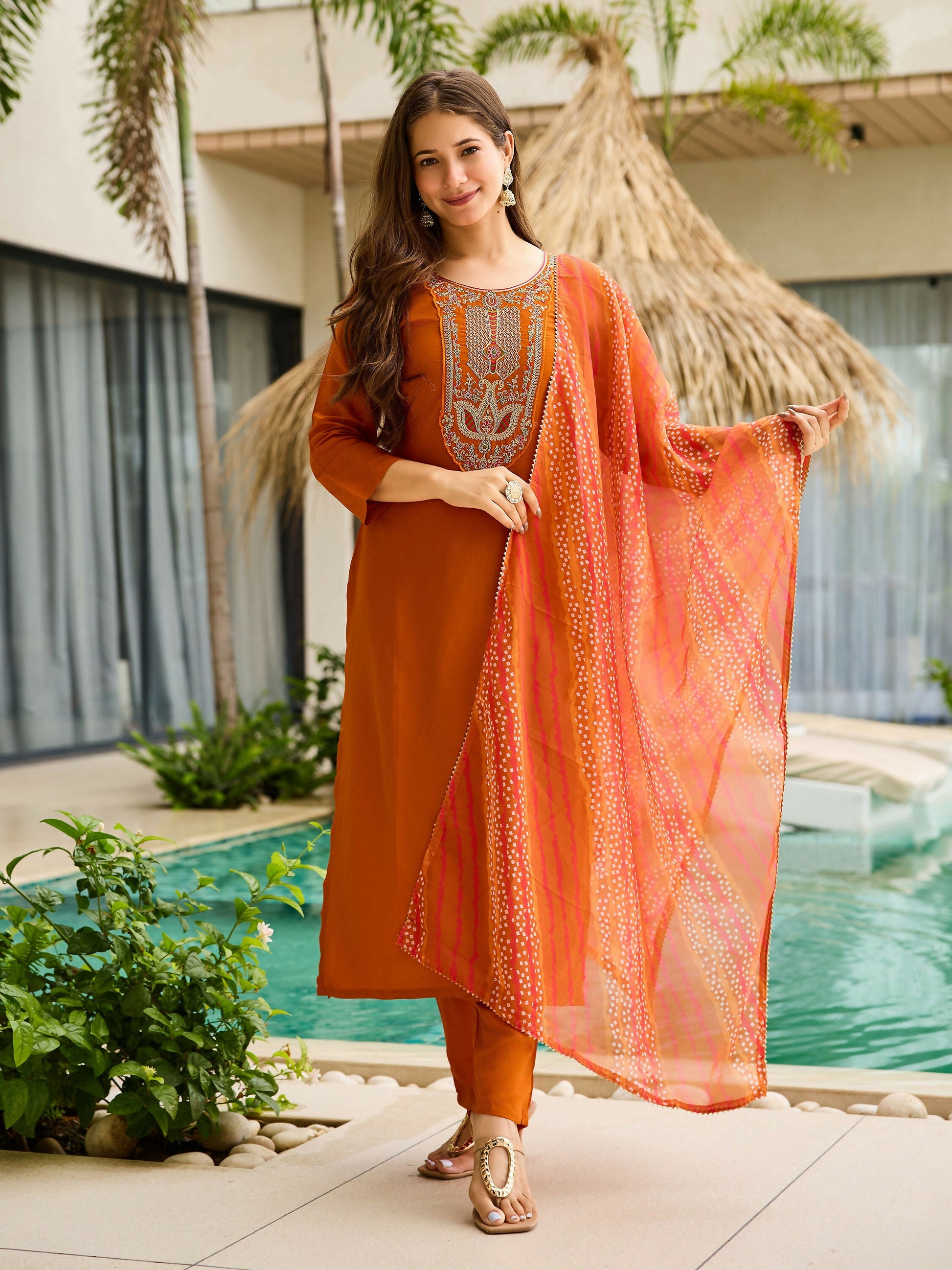 The52 Rust Women's Gorgeous Embroidered work Rayon Fabric Straight Kurta, Pant and Dupatta Set - Swadesiicart