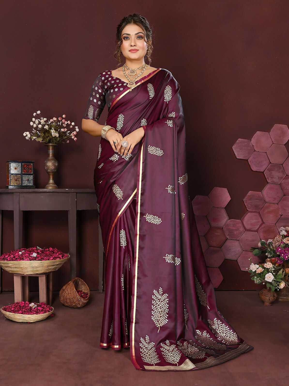 Joban Fashion Wine Floral Motifs Banarasi Silk Sarees | Swadesiicart