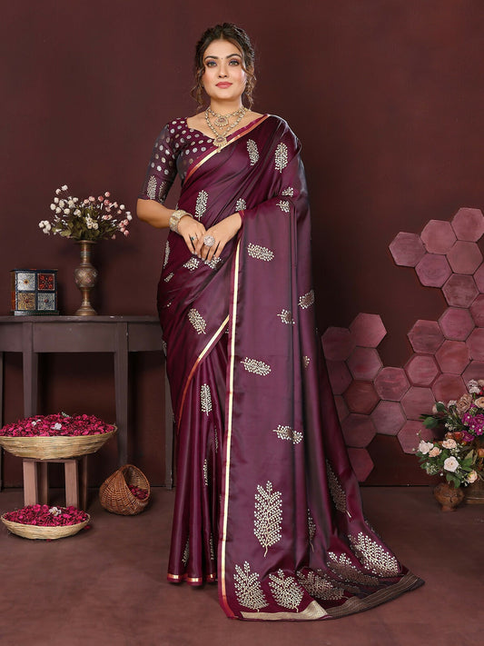 Joban Fashion Wine Floral Motifs Banarasi Silk Sarees | Swadesiicart