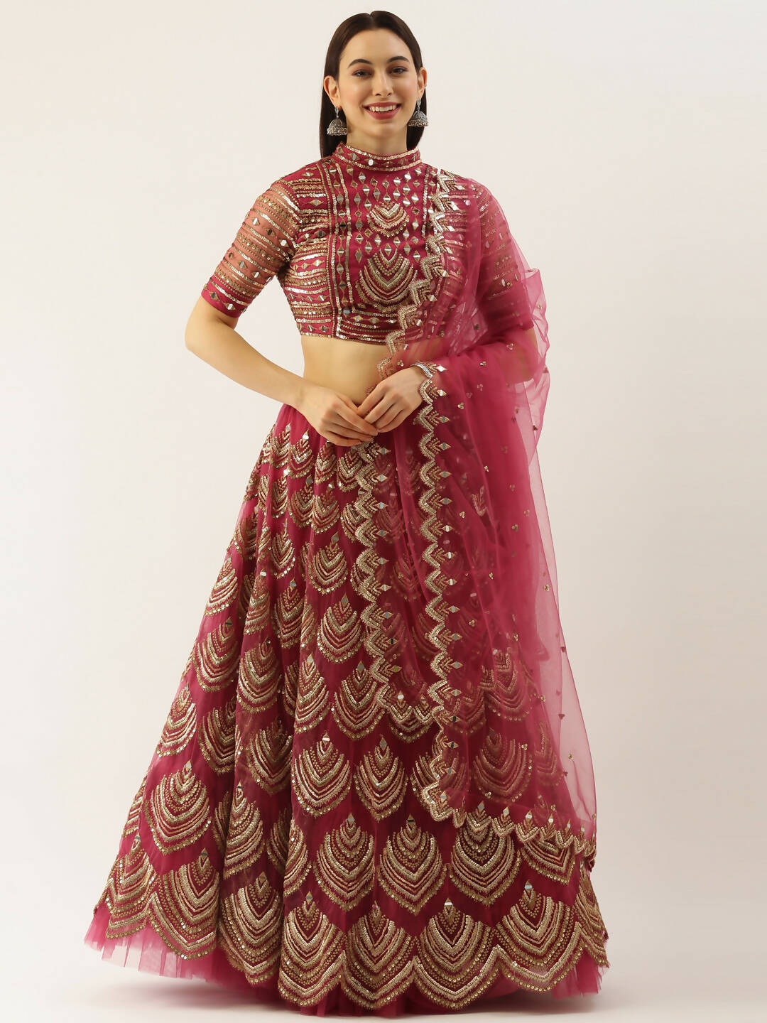 House of Panchhi Women Rosegold Net Embroidered Mirror Lehenga & Blouse with Dupatta | Swadesiicart