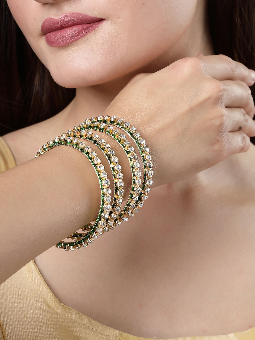 NVR Women's Set Of 4 Gold-Polished Kundan-Studded Traditional Bangles - Swadesiicart