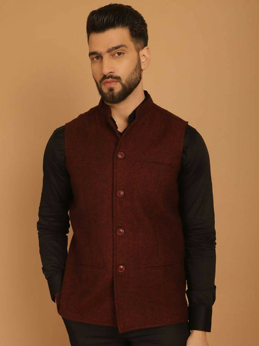 Even Apparels Pure Wool Nehru Jacket - Maroon | Swadesiicart