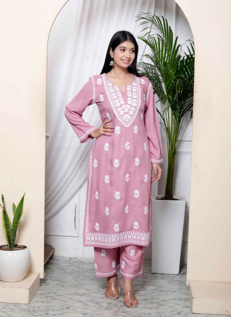 Miravan Women's Chikankari Embroidery Pink Straight Kurta & Palazzo Set | Swadesiicart